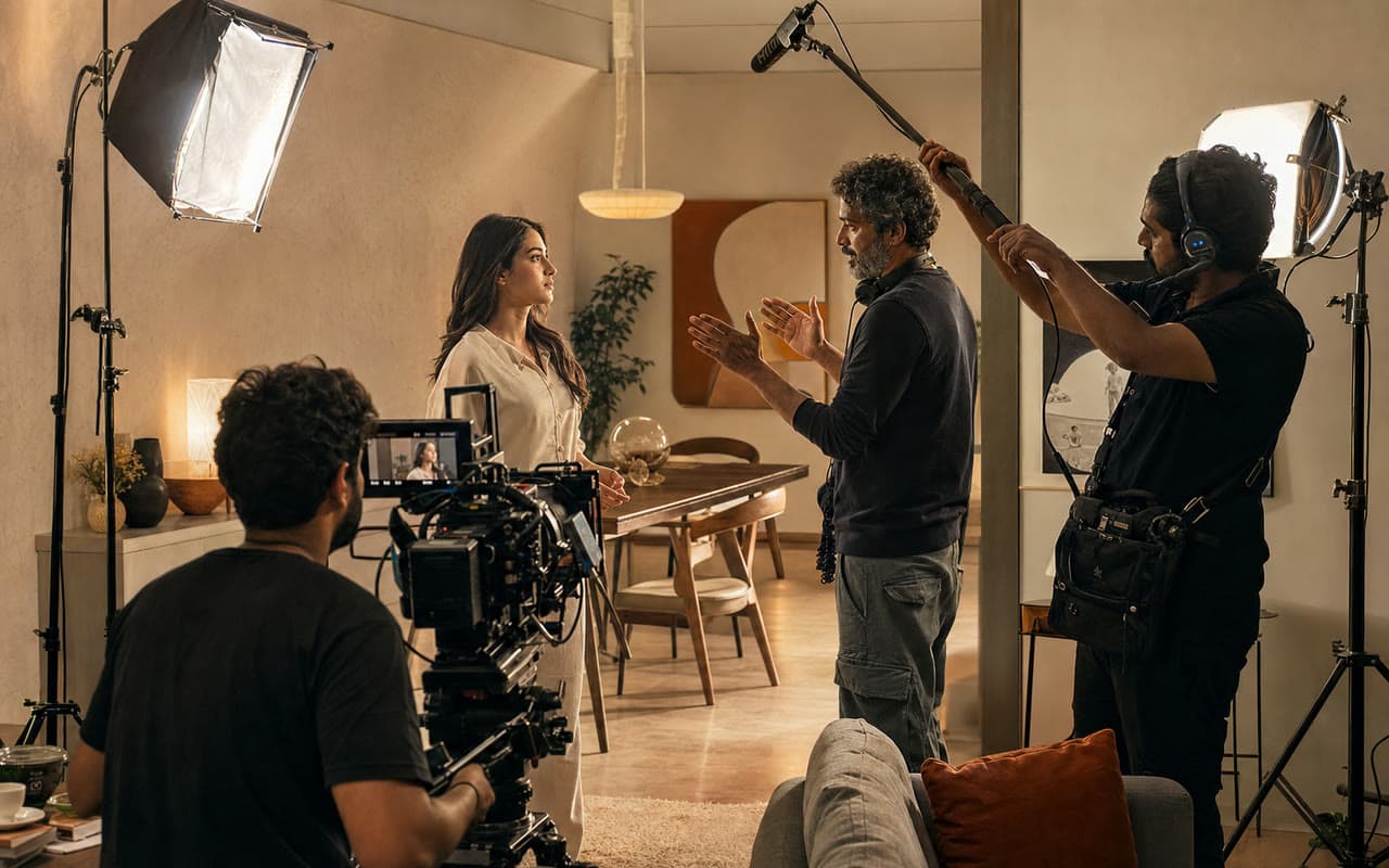 Commercial advertising shoot with a director, performer, camera and lighting crew