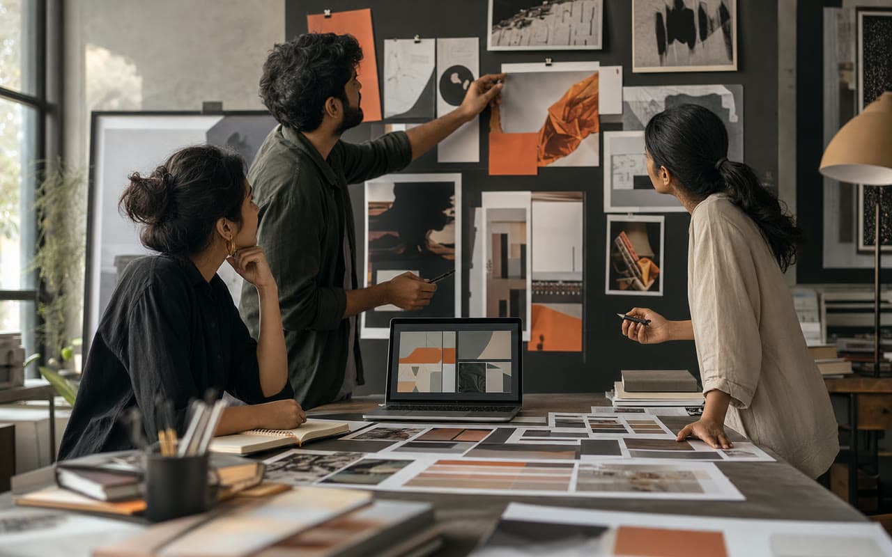 Advertising creative team developing campaign concepts around a visual moodboard