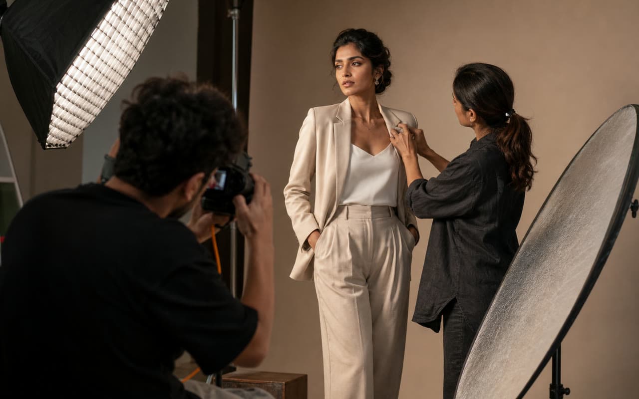 Fashion model shoot with a photographer, stylist, softbox and reflector