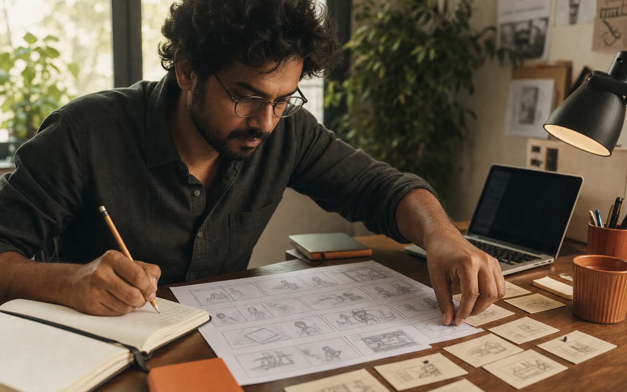 Scriptwriter planning scenes with a notebook, storyboard and shot cards