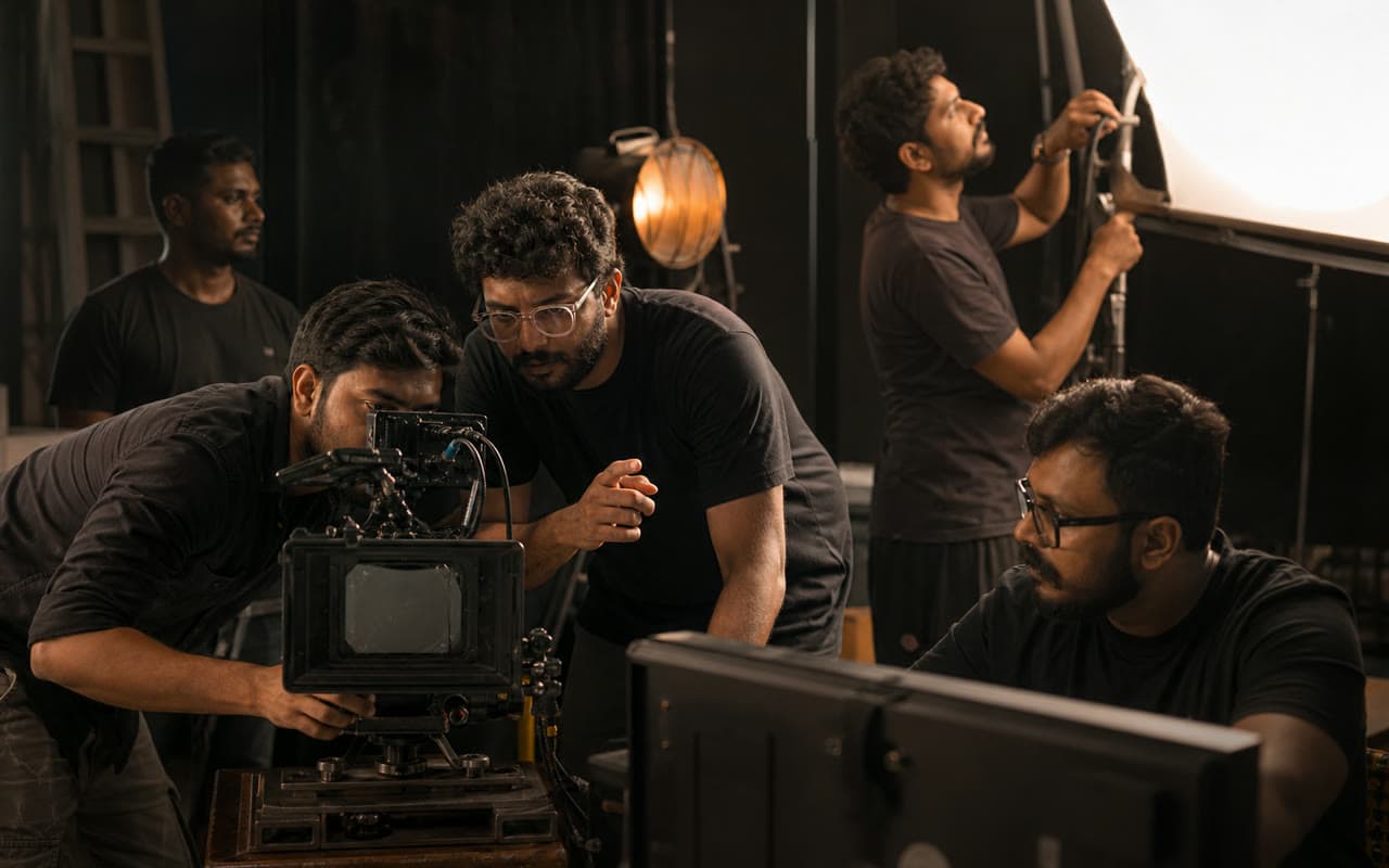 Video production crew collaborating around a cinema camera and studio lighting