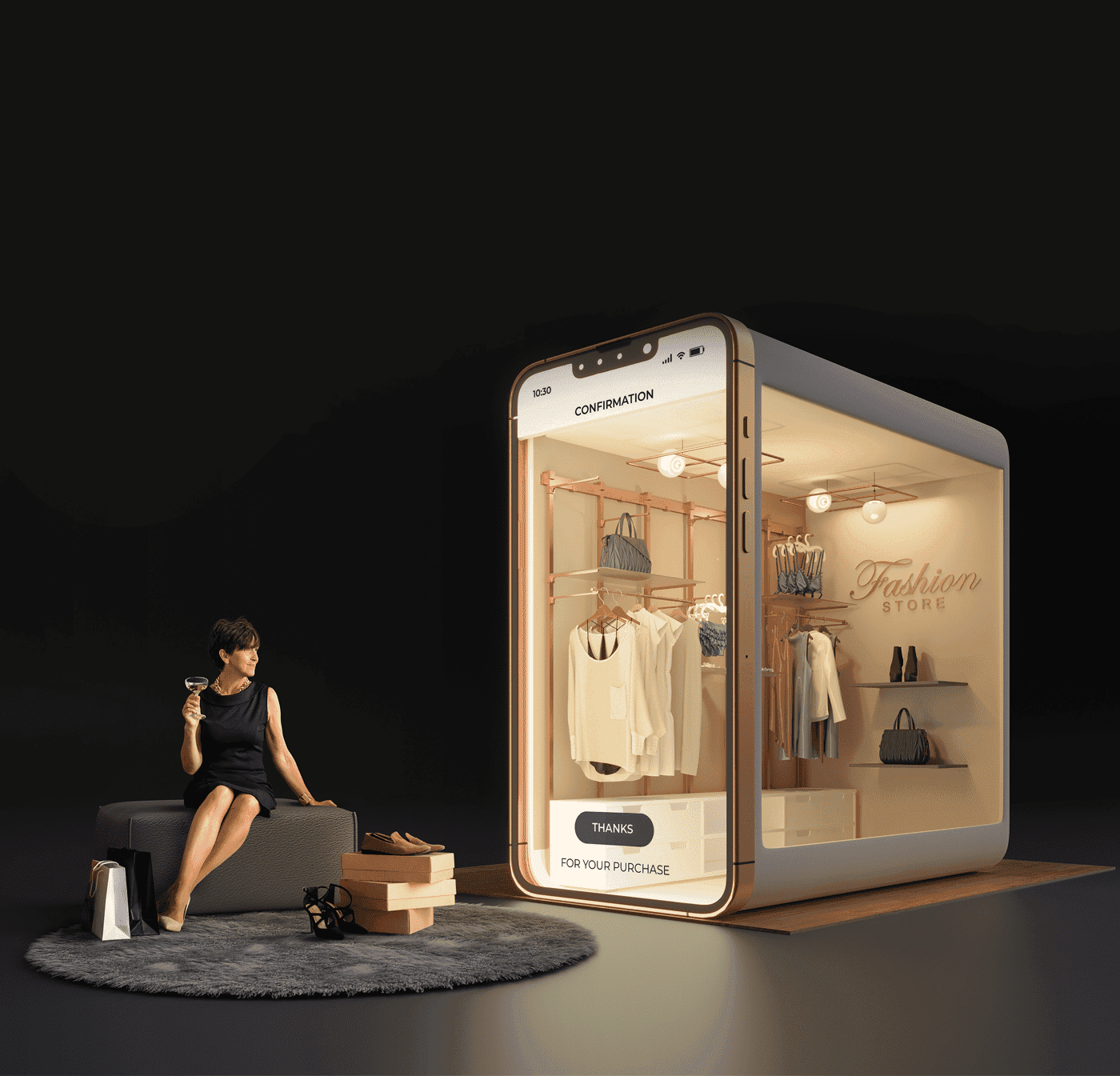 Mobile shopping experience visualized as a fashion store inside a phone