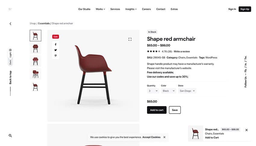 Desktop eCommerce product page with gallery, variants, pricing and add-to-cart controls
