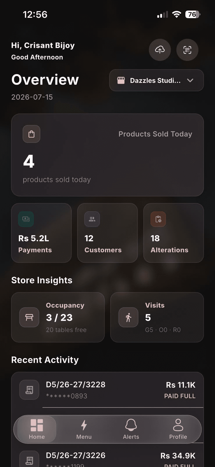 Dazzles retail operations dashboard showing sales, payments, customers, alterations and store activity