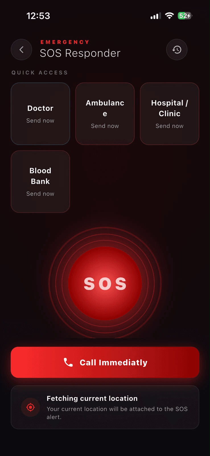 Healthcare app SOS responder screen for contacting doctors, ambulances, hospitals and blood banks