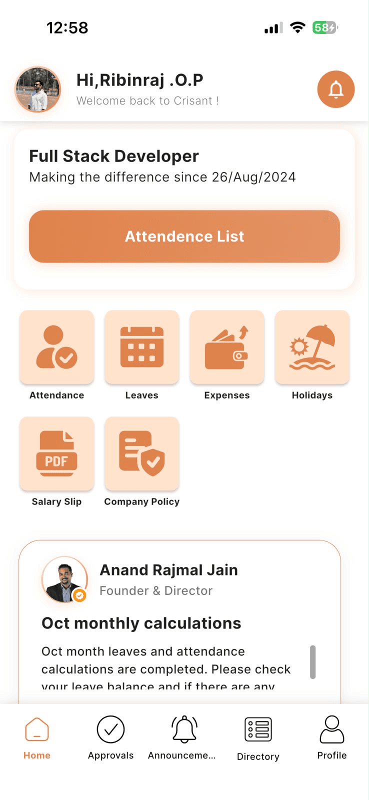 Employee self-service app showing attendance, leave, expenses, salary slips and company policies
