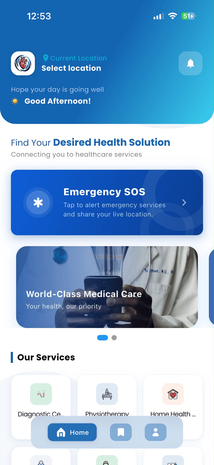 Healthcare services app home screen with emergency SOS, medical care and service categories