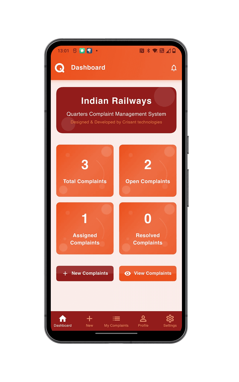 Indian Railways Quarters Complaint Management System dashboard with complaint status counts