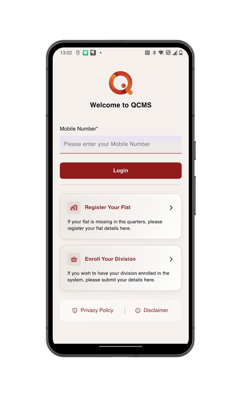 Indian Railways Quarters Complaint Management System mobile login and registration screen
