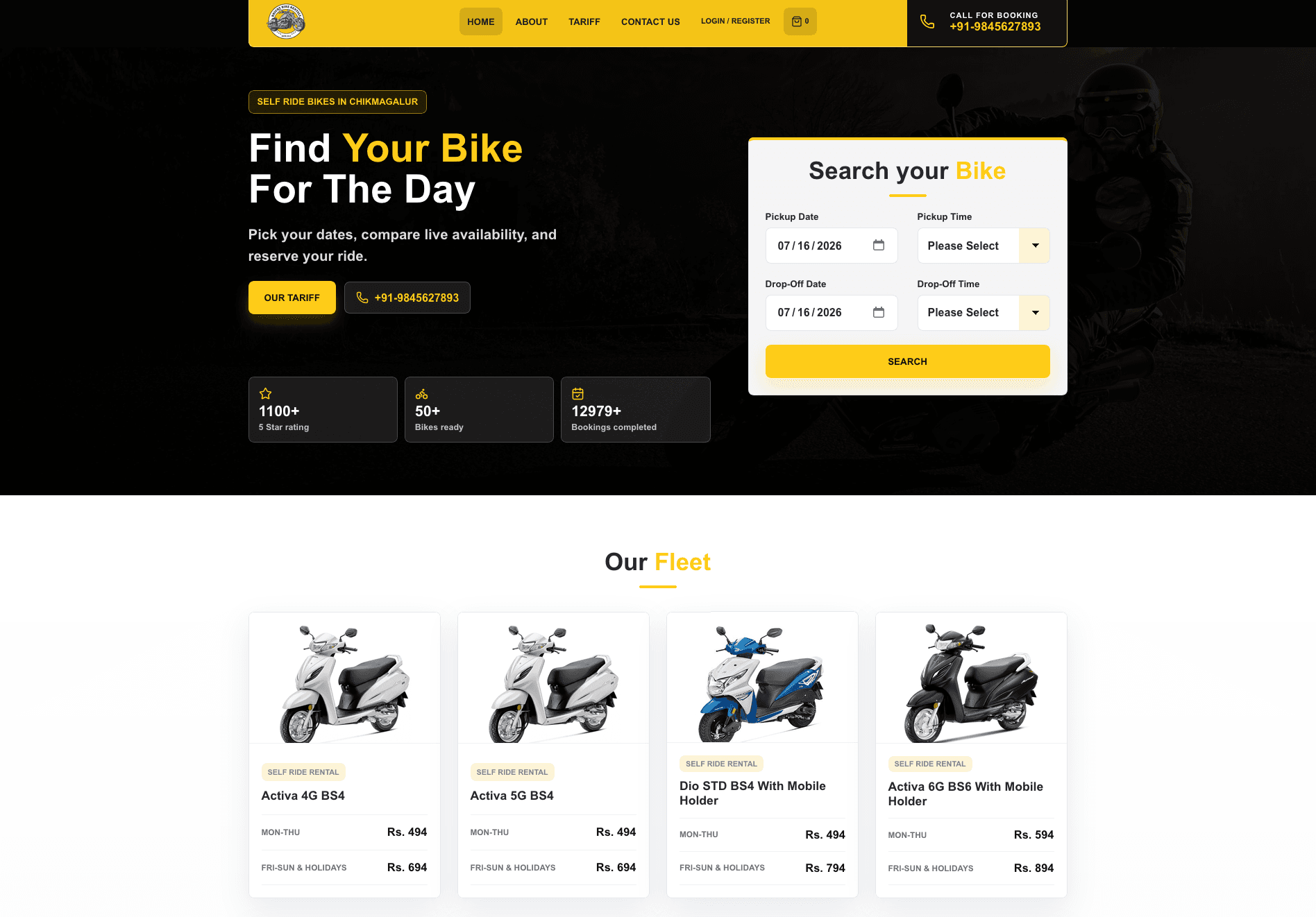 Bright Bike Rentals customer website showing date-based bike search and live fleet pricing