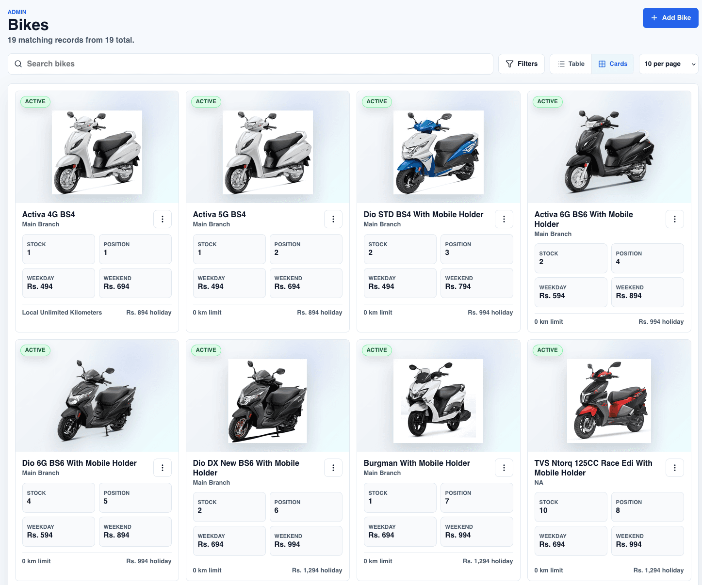 Bike rental fleet management screen with stock, position and weekday and weekend pricing