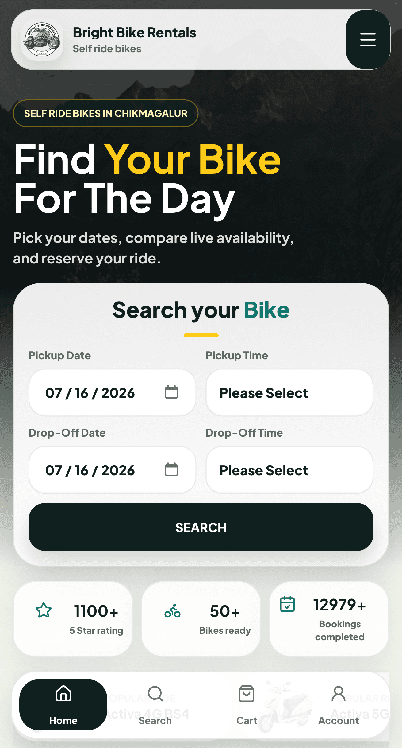 Bright Bike Rentals mobile booking experience with pickup and drop-off search