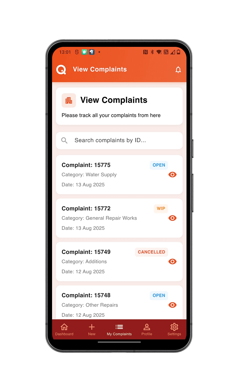 QCMS mobile complaint list showing open, work in progress and cancelled statuses