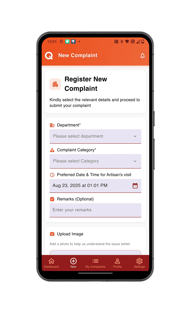 QCMS new complaint form with department, category, preferred visit time, remarks and image upload