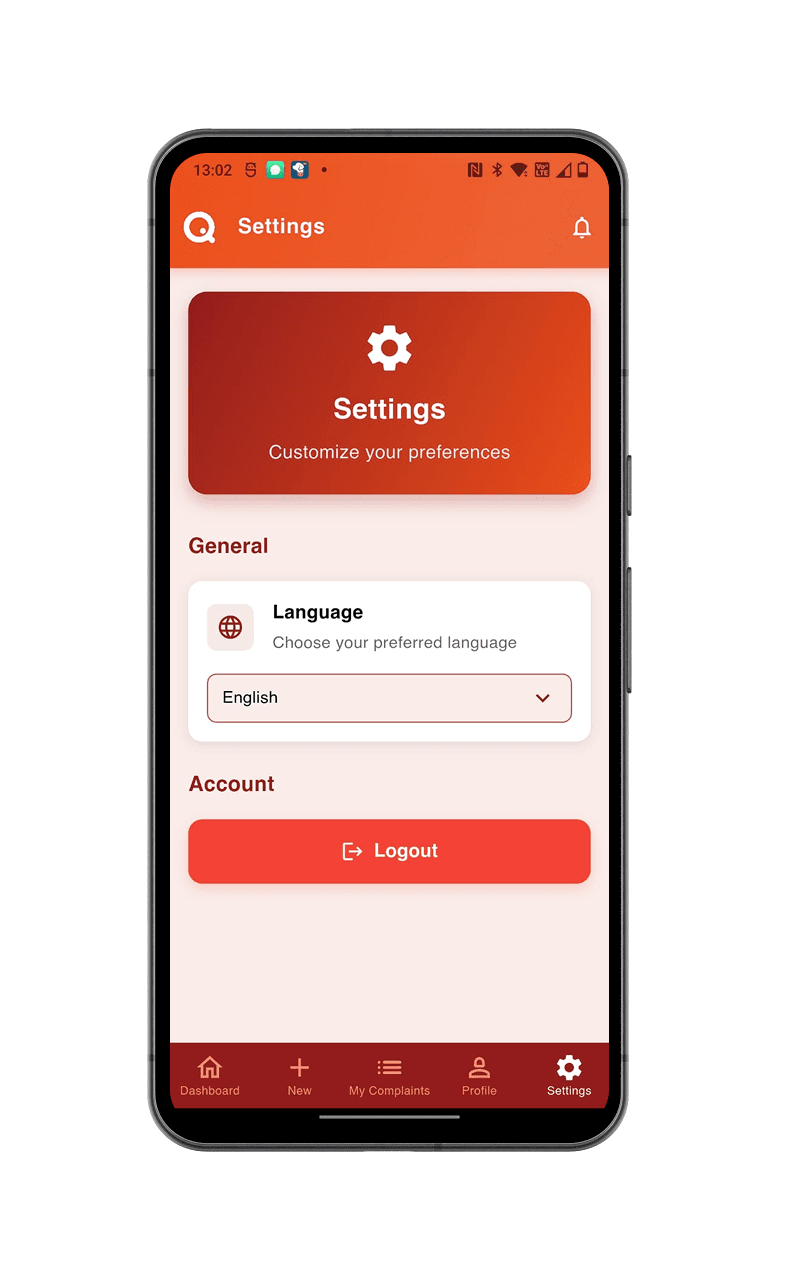 QCMS mobile settings screen with language selection