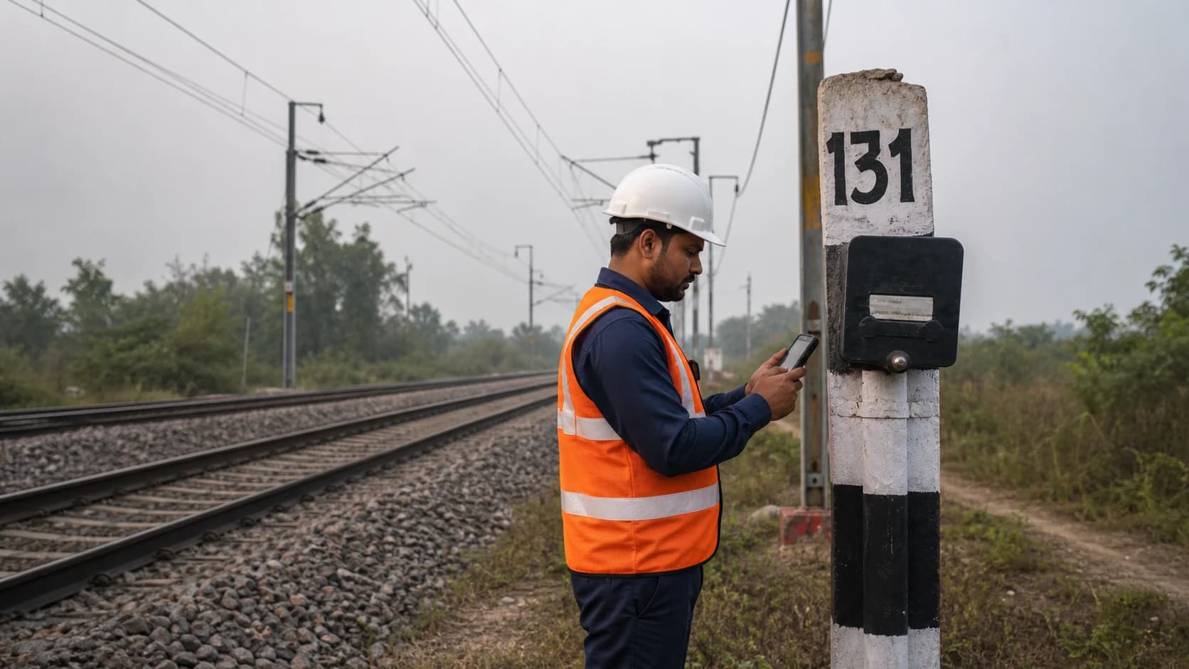 Indian railway telecom maintenance worker recording a GPS-verified inspection at a trackside emergency communication socket