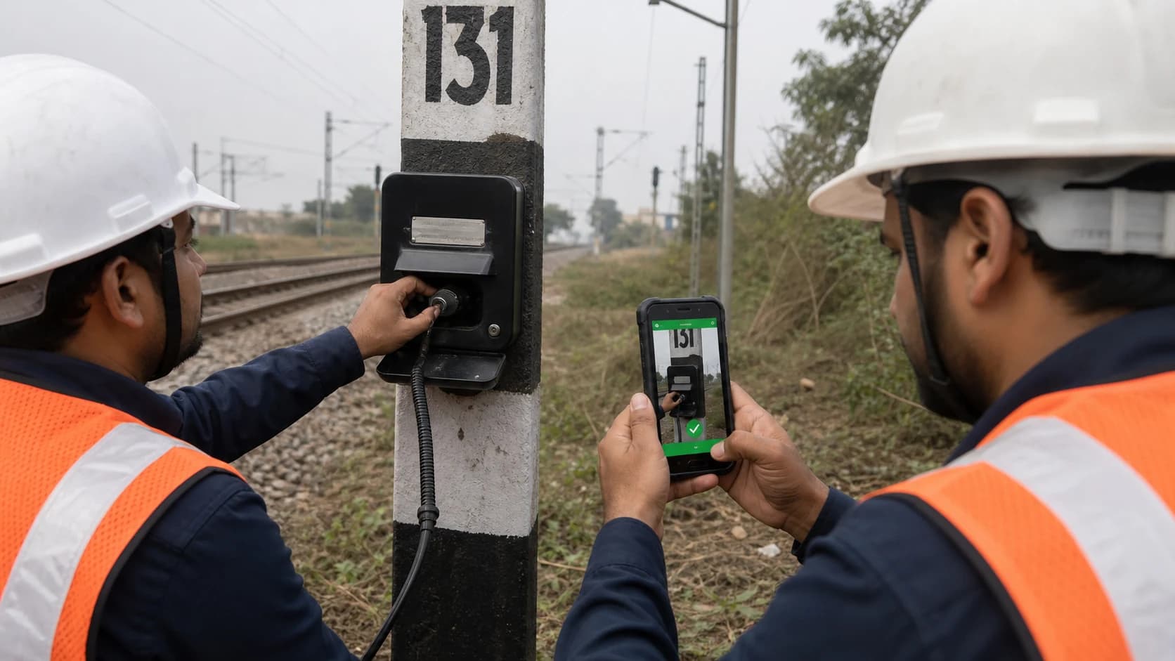 Testing team recording evidence while checking an emergency communication socket
