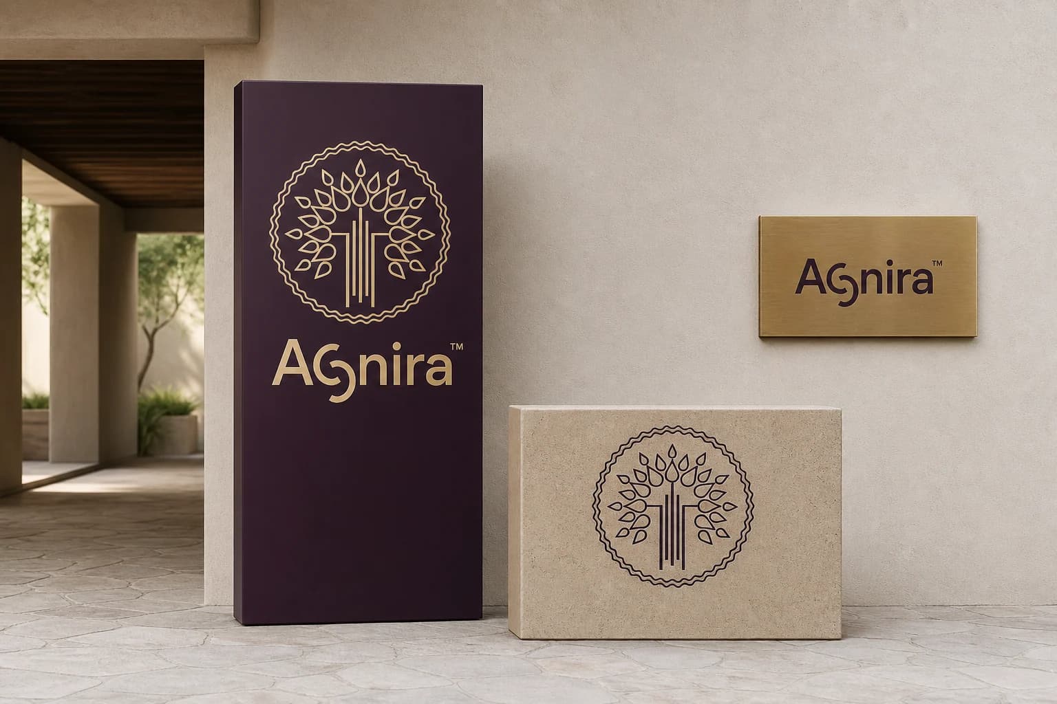 Agnira full logo, emblem and wordmark used across three architectural sign boards