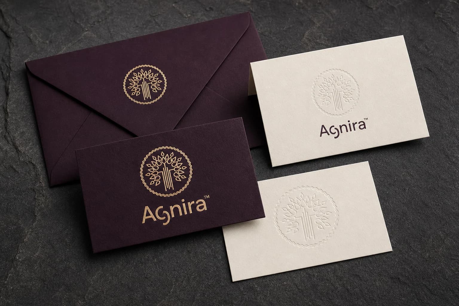 Agnira logo applied in foil and blind deboss across visiting cards and stationery