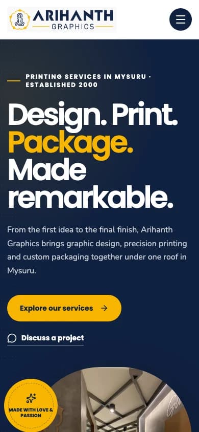 Arihanth Graphics homepage at a 390 pixel mobile viewport