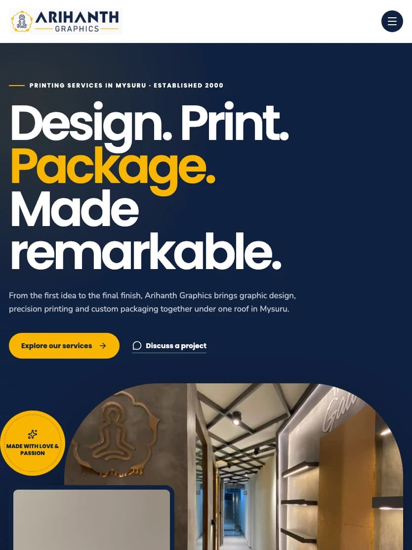 Arihanth Graphics homepage shown at a tablet viewport