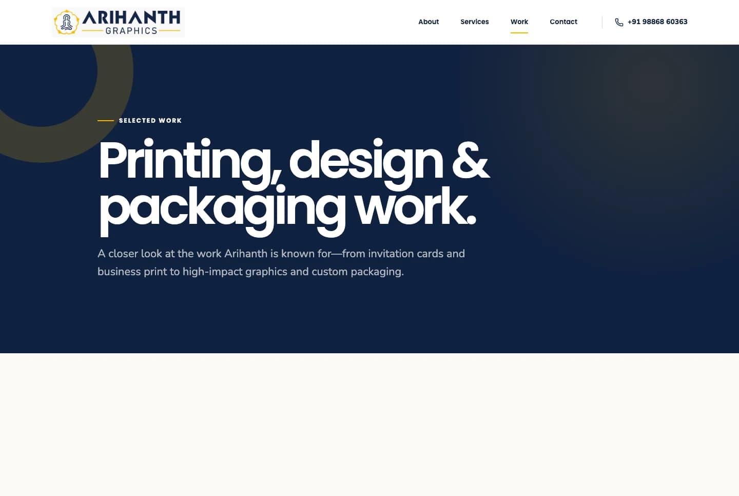 Arihanth Graphics portfolio page shown in a desktop browser