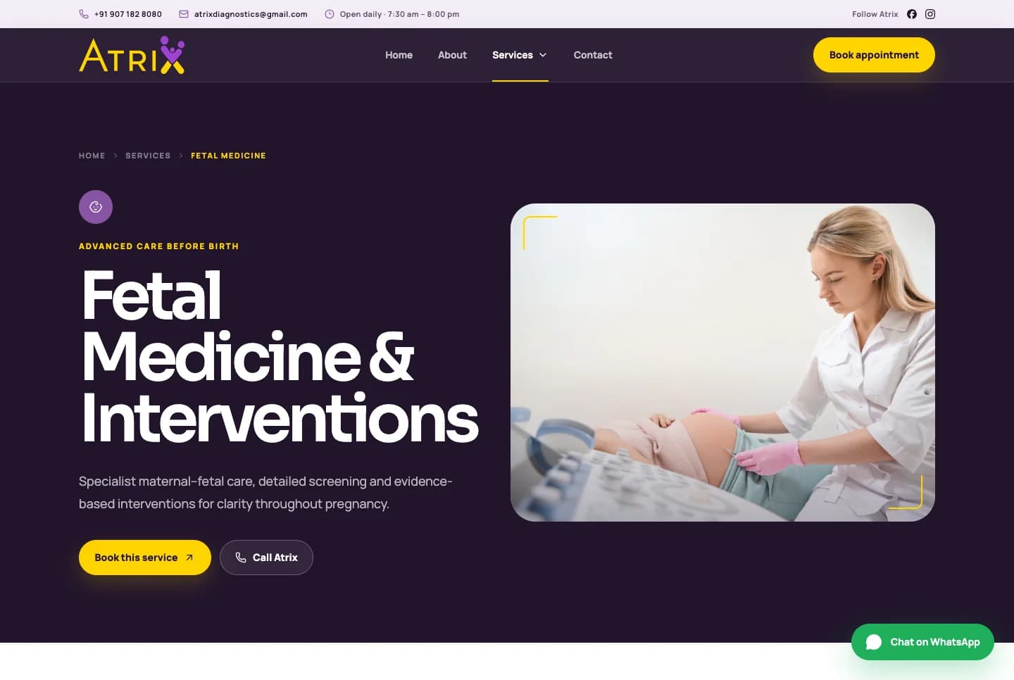 Atrix Fetal Medicine and Interventions page shown in a desktop browser