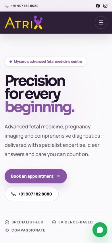 Atrix Diagnostics homepage at a 390 pixel mobile viewport