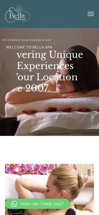 Bella Spa website shown at mobile viewport