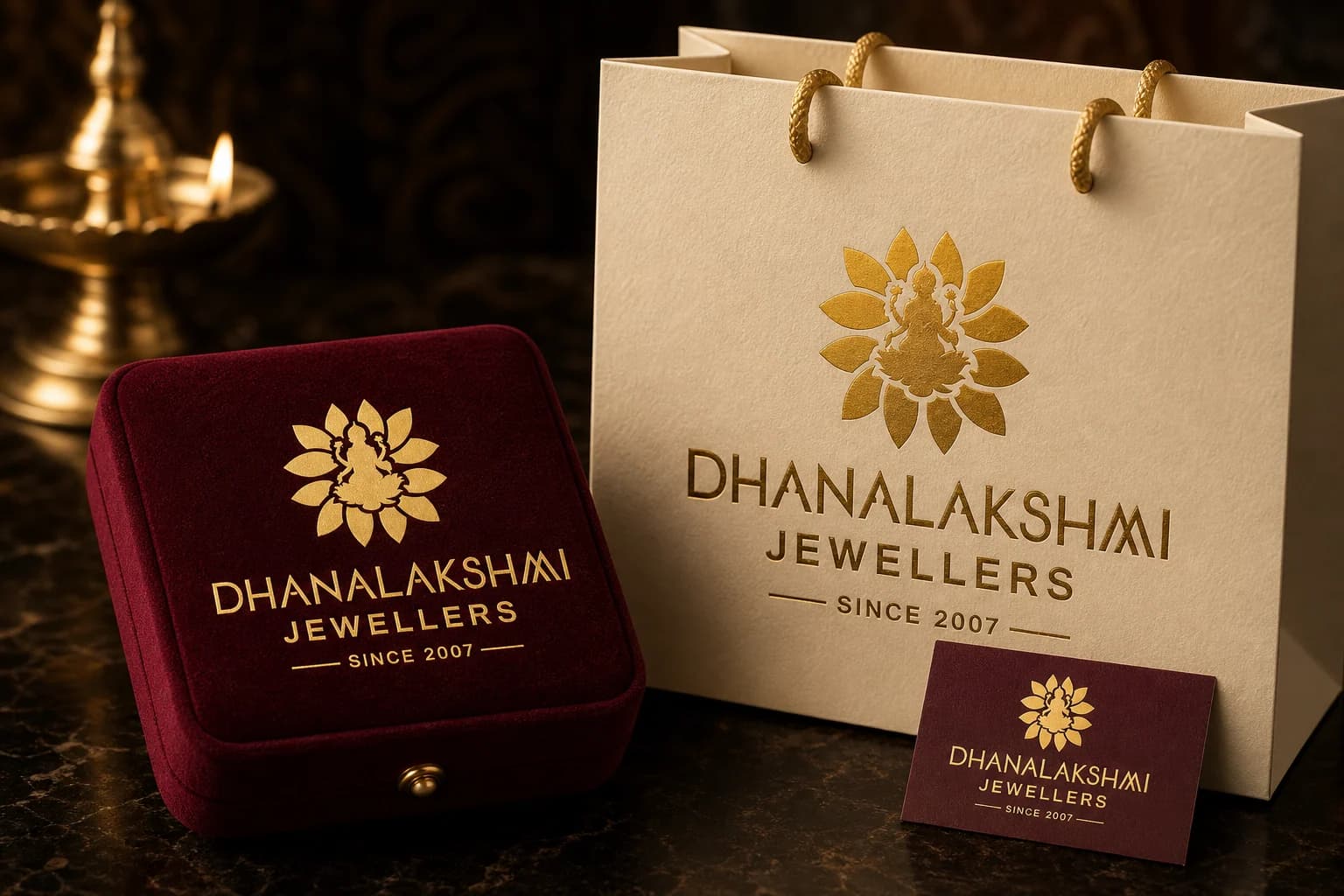 Dhanalakshmi Jewellers identity on a maroon jewellery box, foil bag and care card