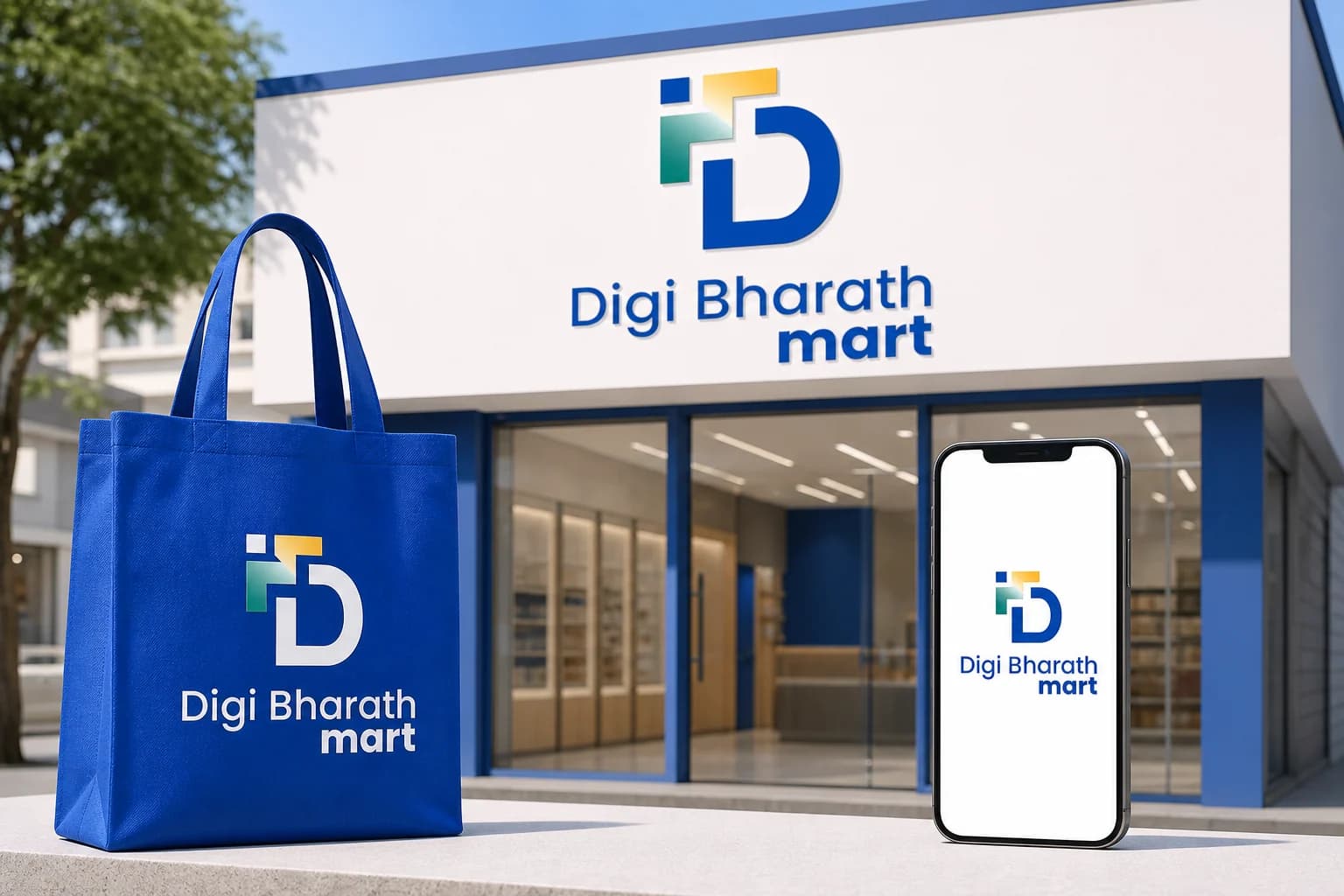 Digi Bharath Mart identity on a storefront, tote bag and mobile screen