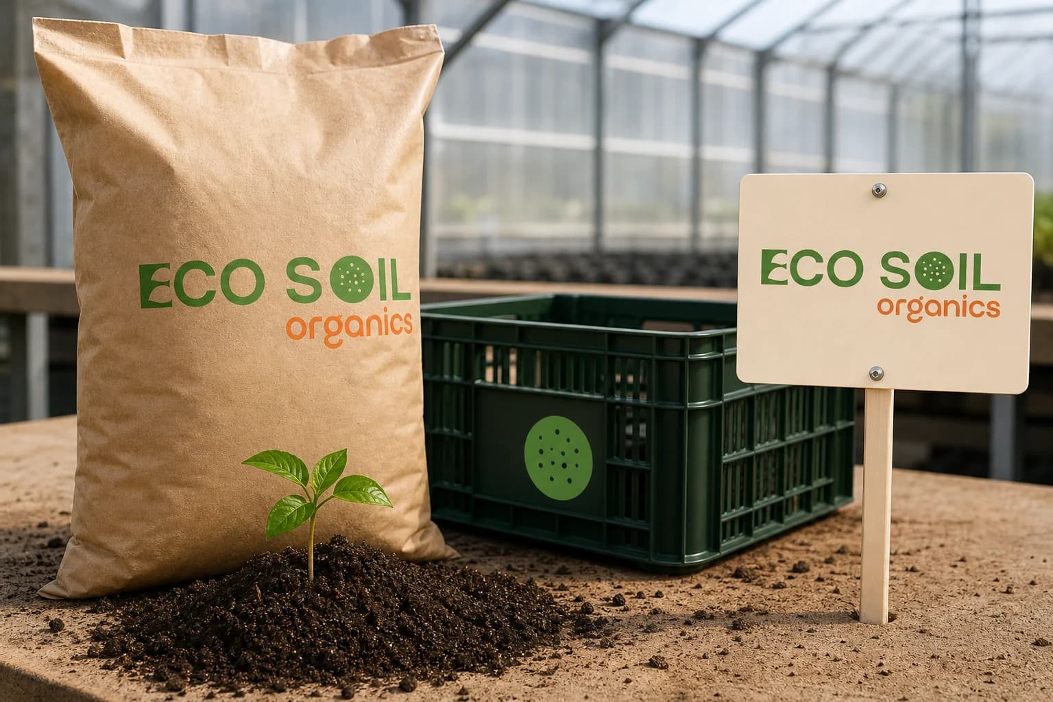 Eco Soil Organics identity on a kraft soil sack, harvest crate and greenhouse sign