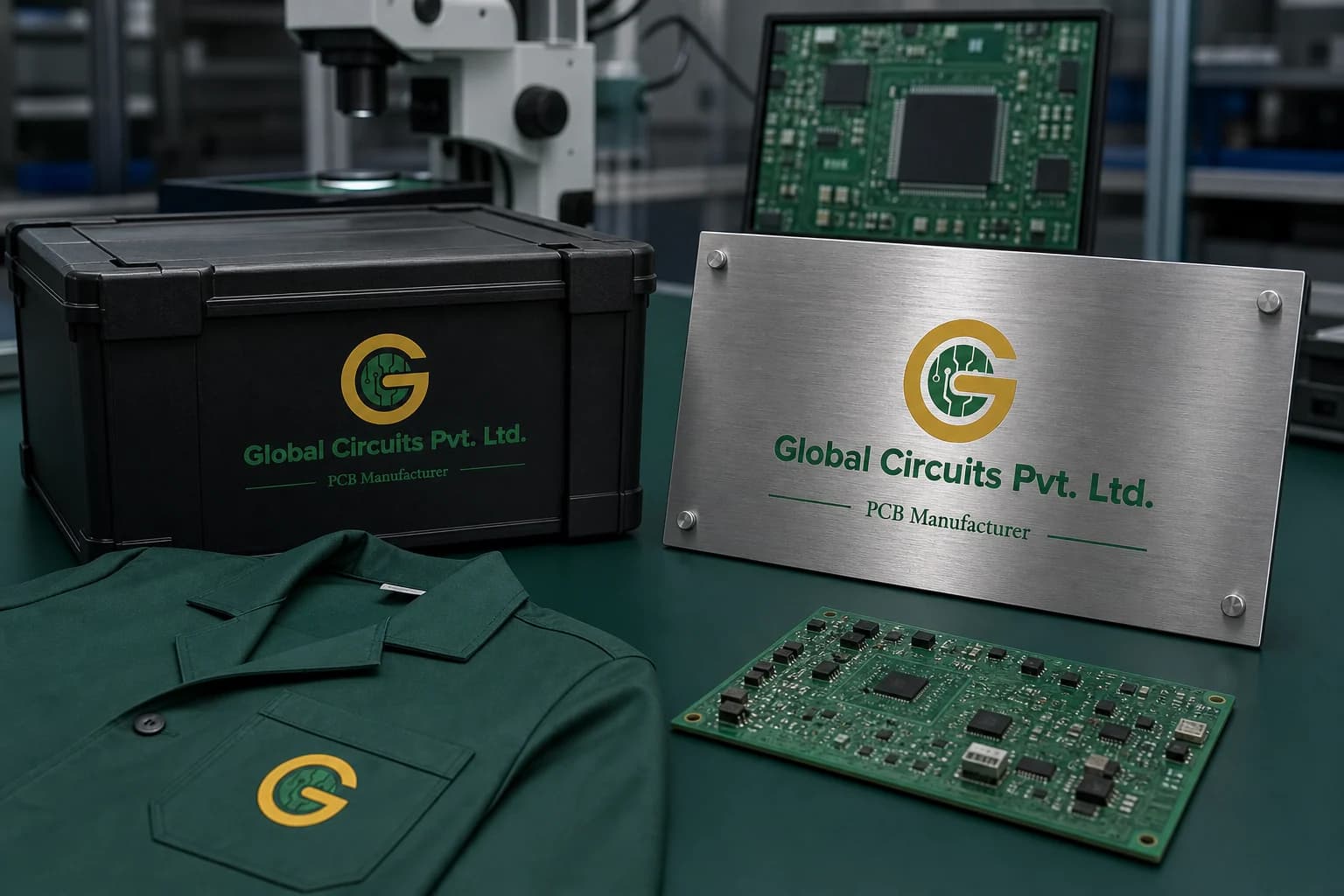 Global Circuits identity on an anti-static box, technician coat and metal plaque