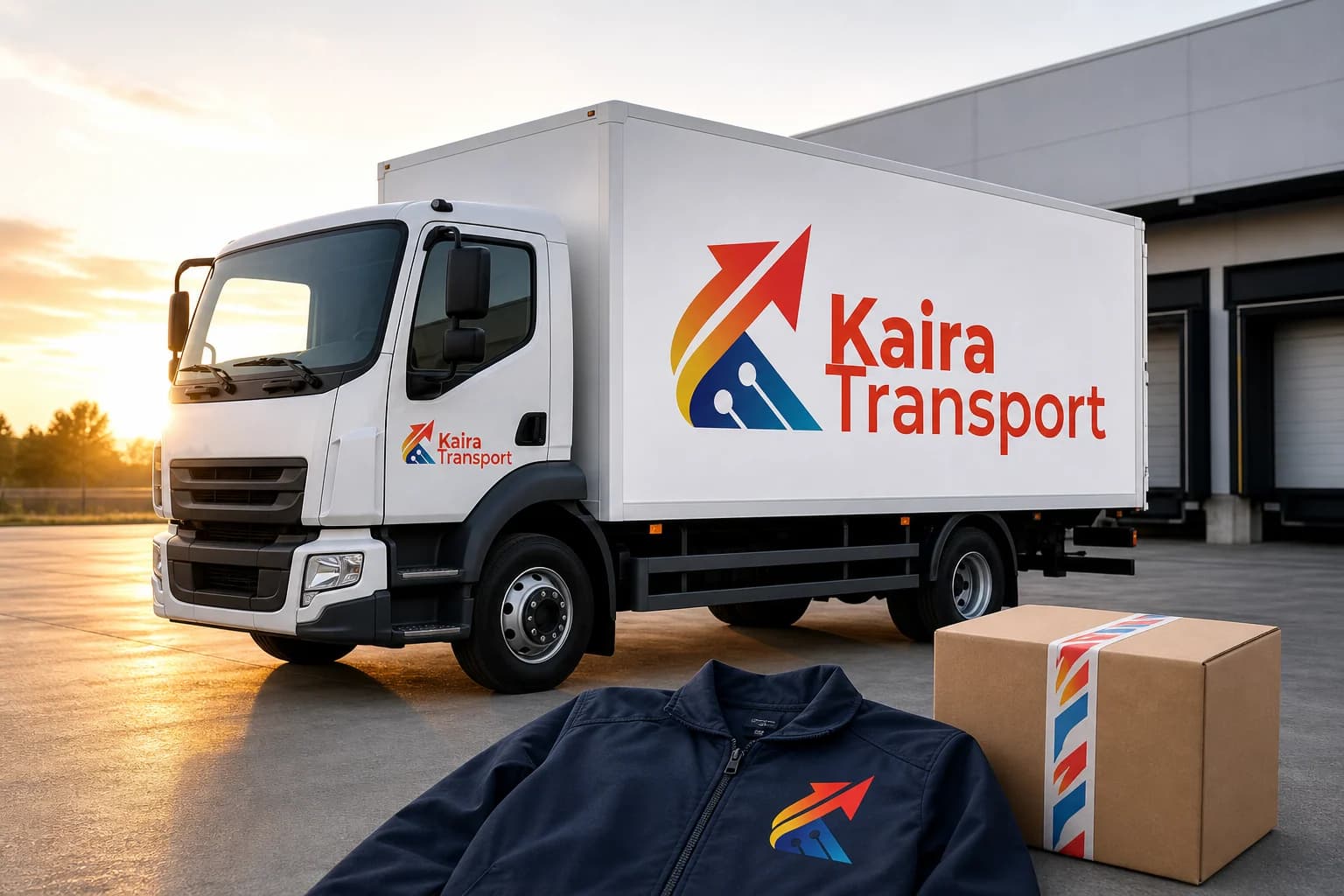 Kaira Transport identity on a branded truck, driver jacket and shipping carton