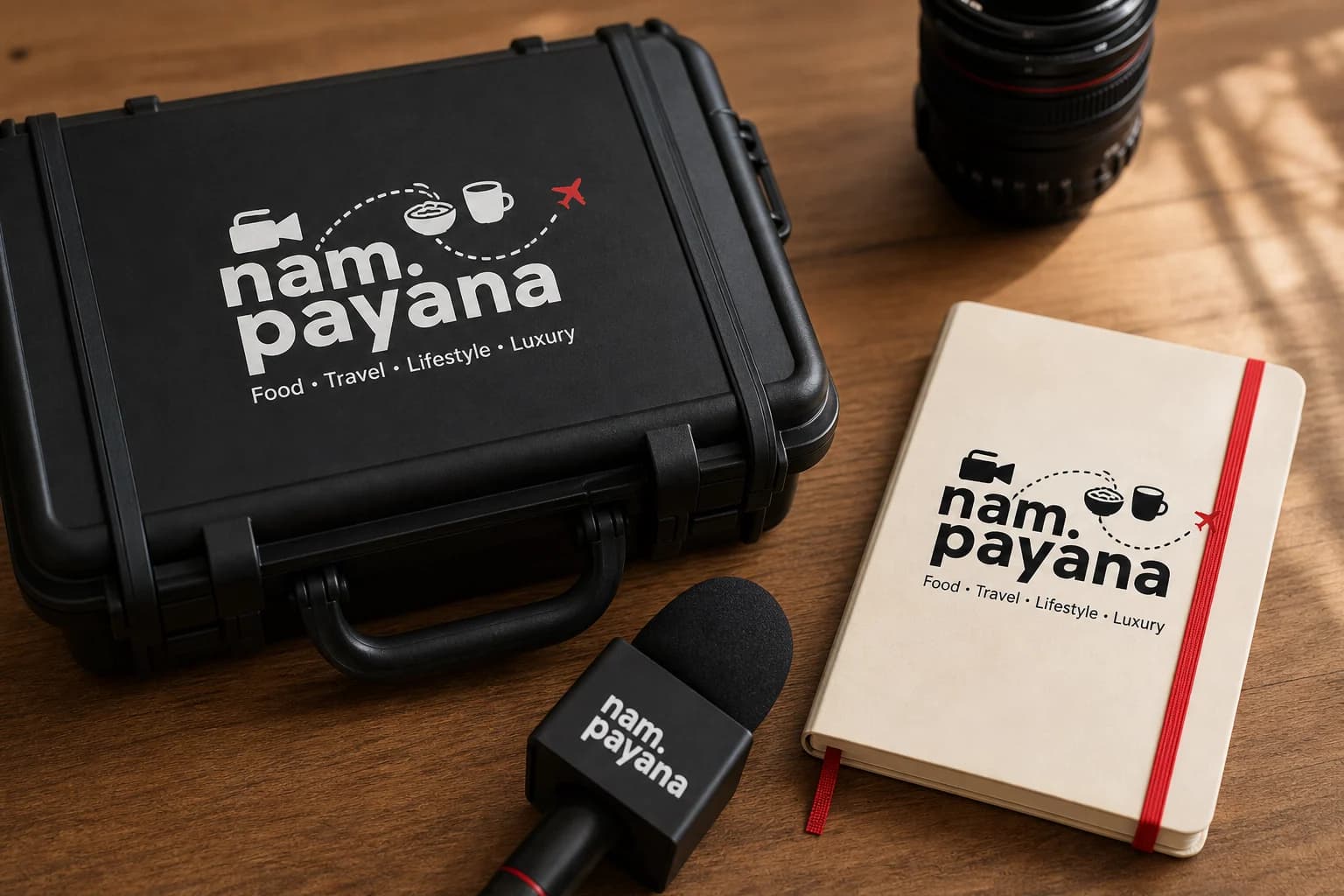 Nam Payana identity on a camera case, microphone flag and travel notebook
