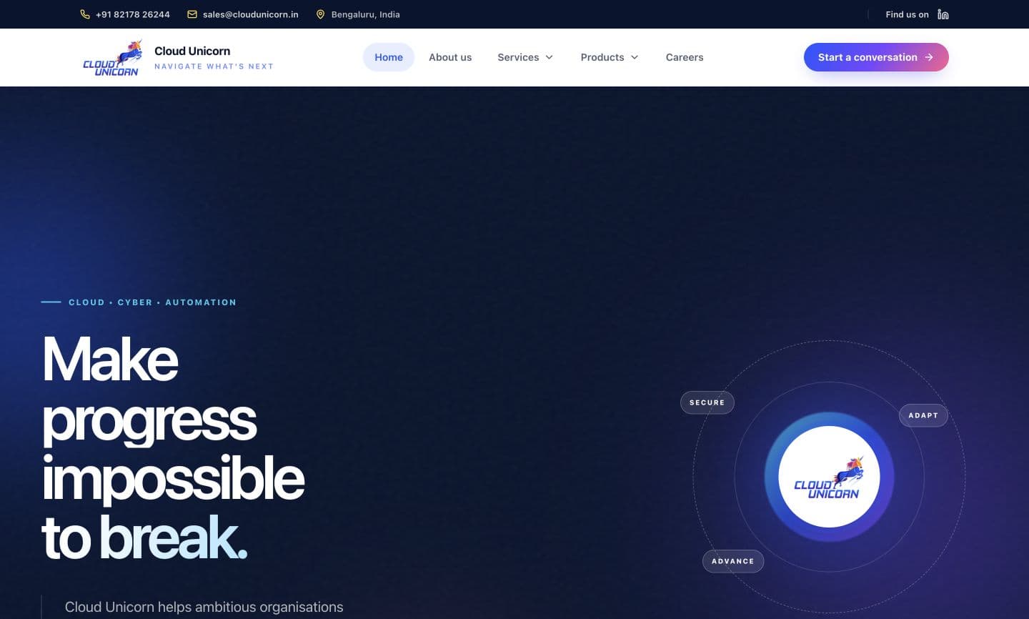 Cloud Unicorn website homepage design shown in a desktop browser