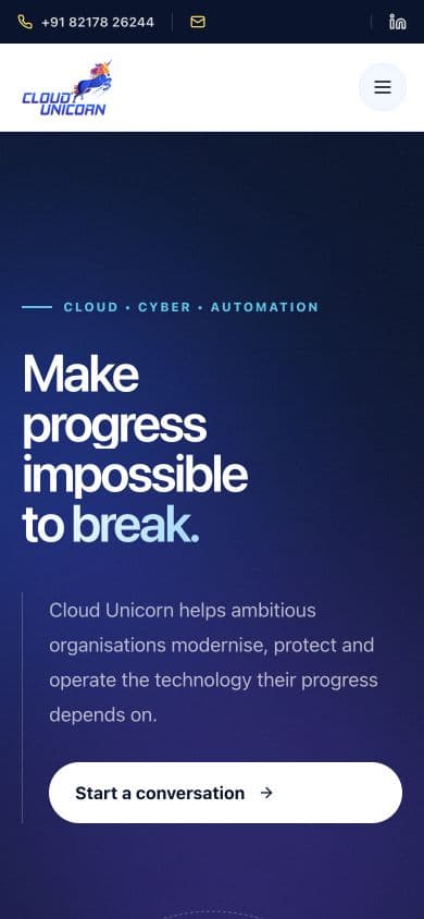 The Cloud Unicorn homepage at a 390 pixel mobile viewport