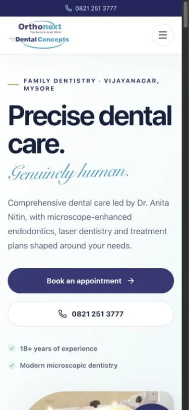 Dental Concepts homepage at a 390 pixel mobile viewport