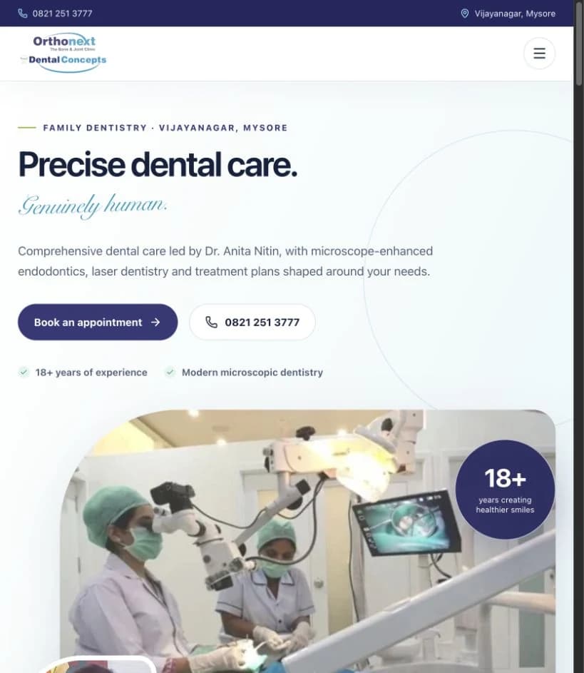 Dental Concepts homepage shown at a tablet viewport