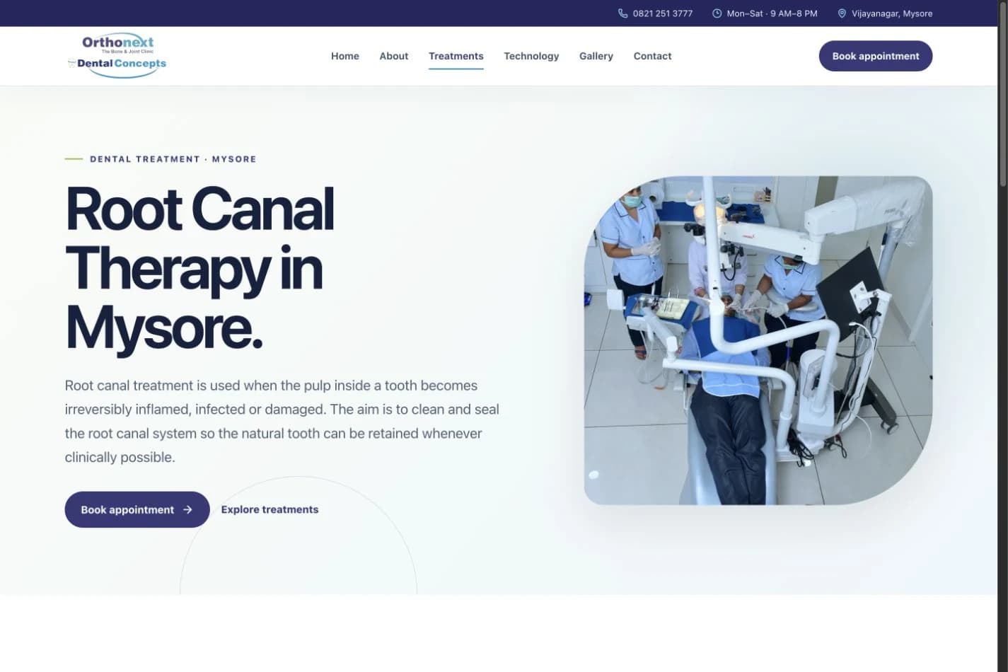 Dental Concepts root canal treatment page shown in a desktop browser