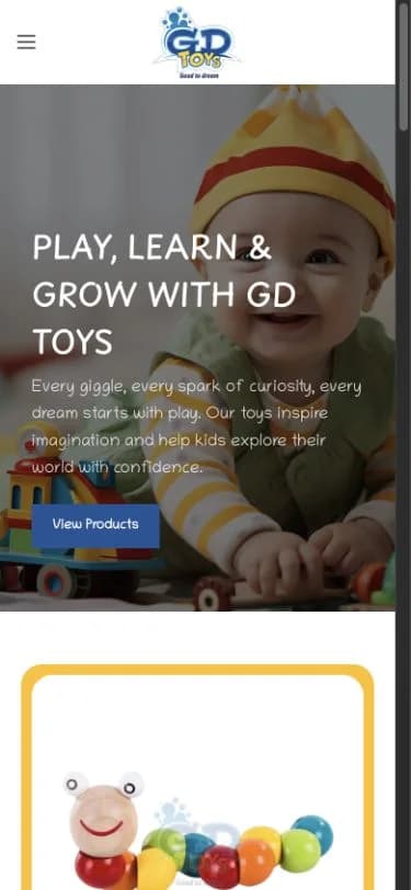GD Toys website shown at mobile viewport