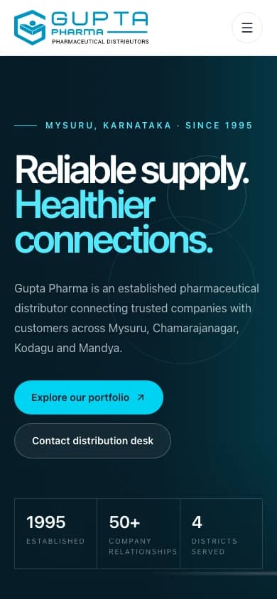 Gupta Pharma homepage at a 390 pixel mobile viewport