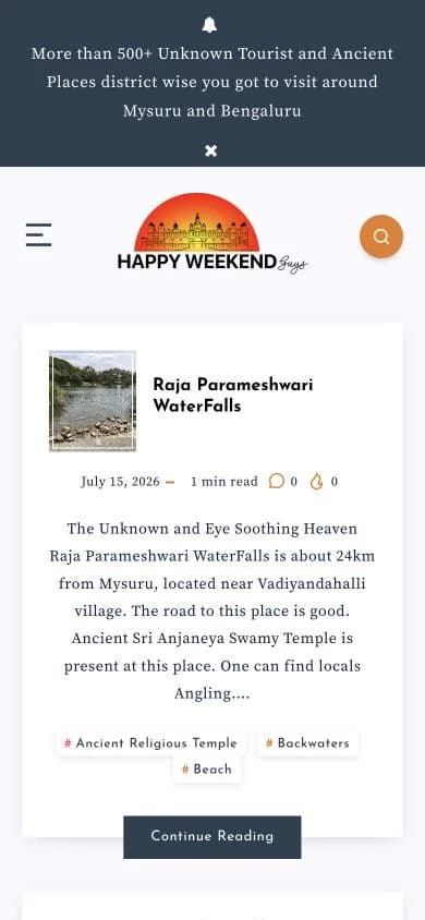 Happy Weekend website shown at mobile viewport