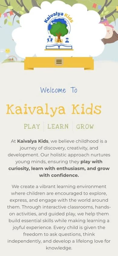 Kaivalya Kids website shown at mobile viewport