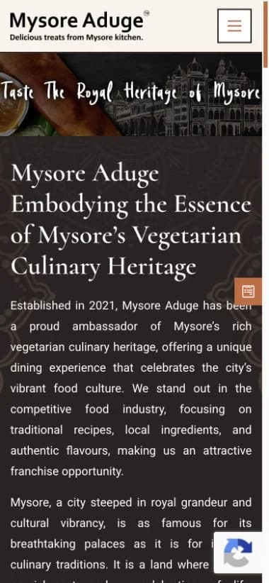 Mysore Aduge website shown at mobile viewport