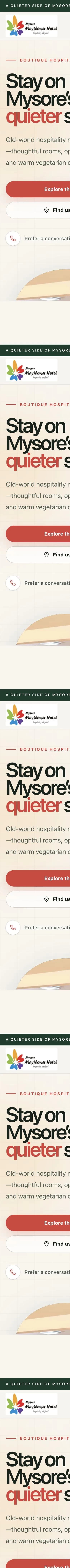 Mysore Mayflower Hotel homepage at a 390 pixel mobile viewport