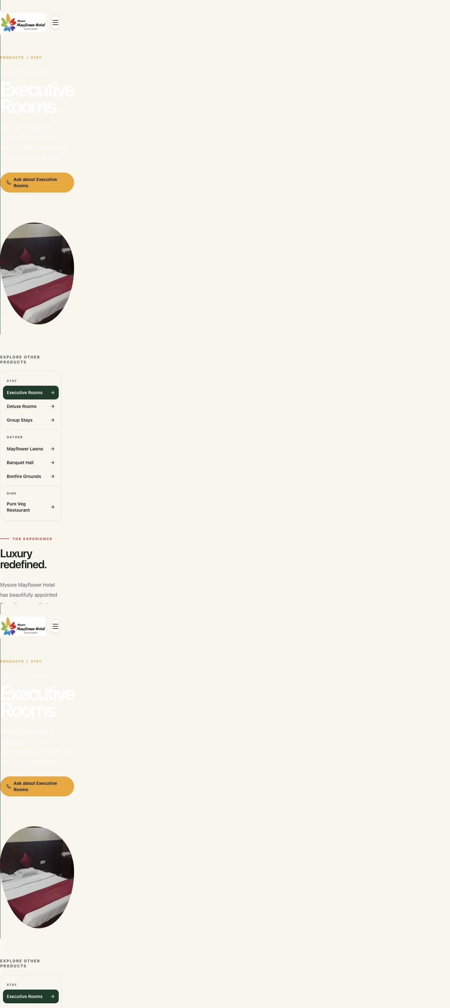 Mysore Mayflower Executive Rooms page shown in a desktop browser