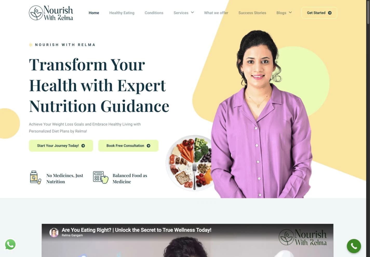 Nourish With Relma website homepage design shown in a desktop browser