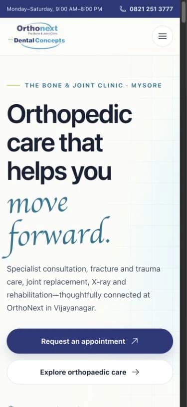 Ortho Next homepage at a 390 pixel mobile viewport