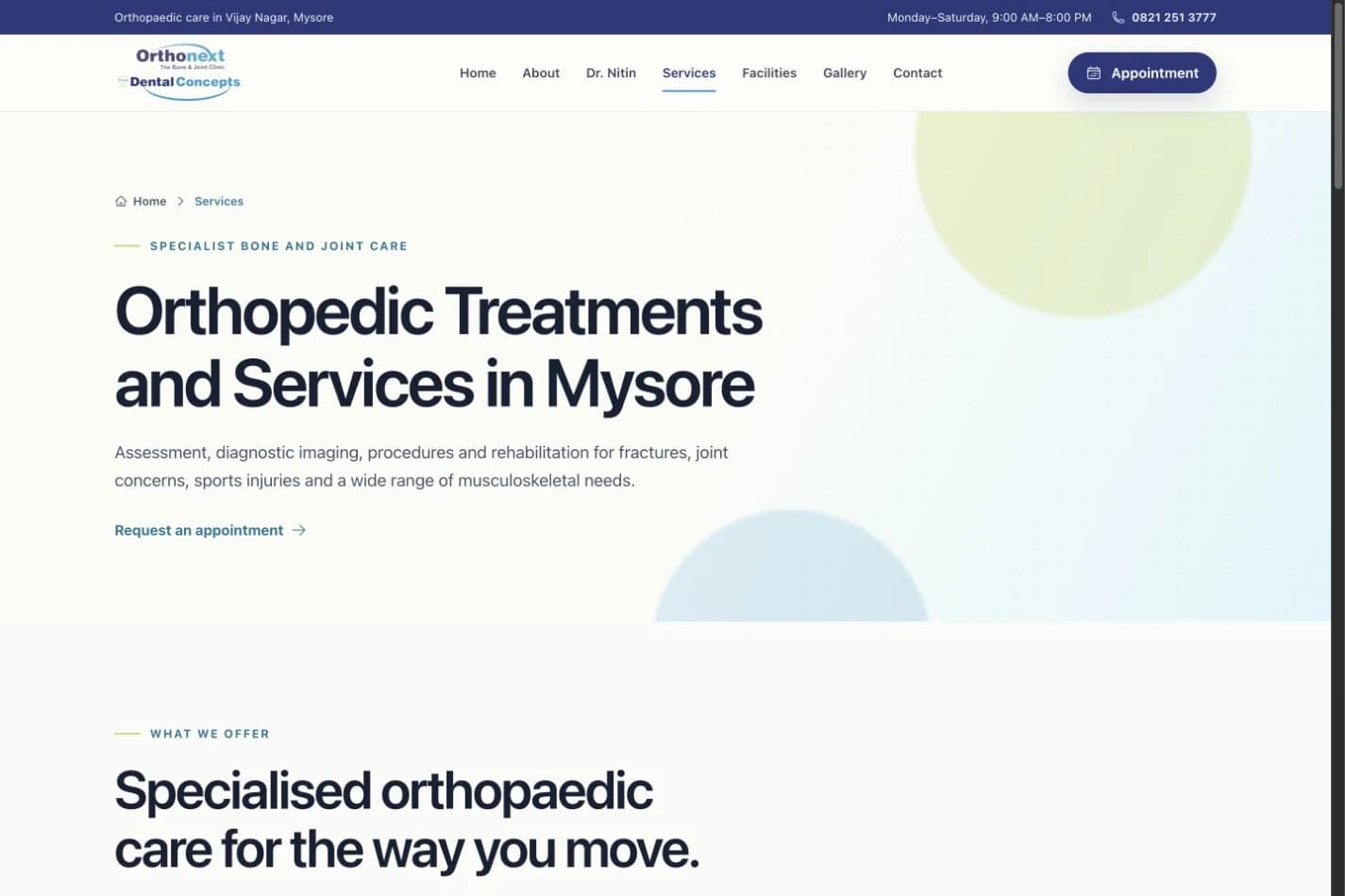 Ortho Next orthopaedic services page shown in a desktop browser